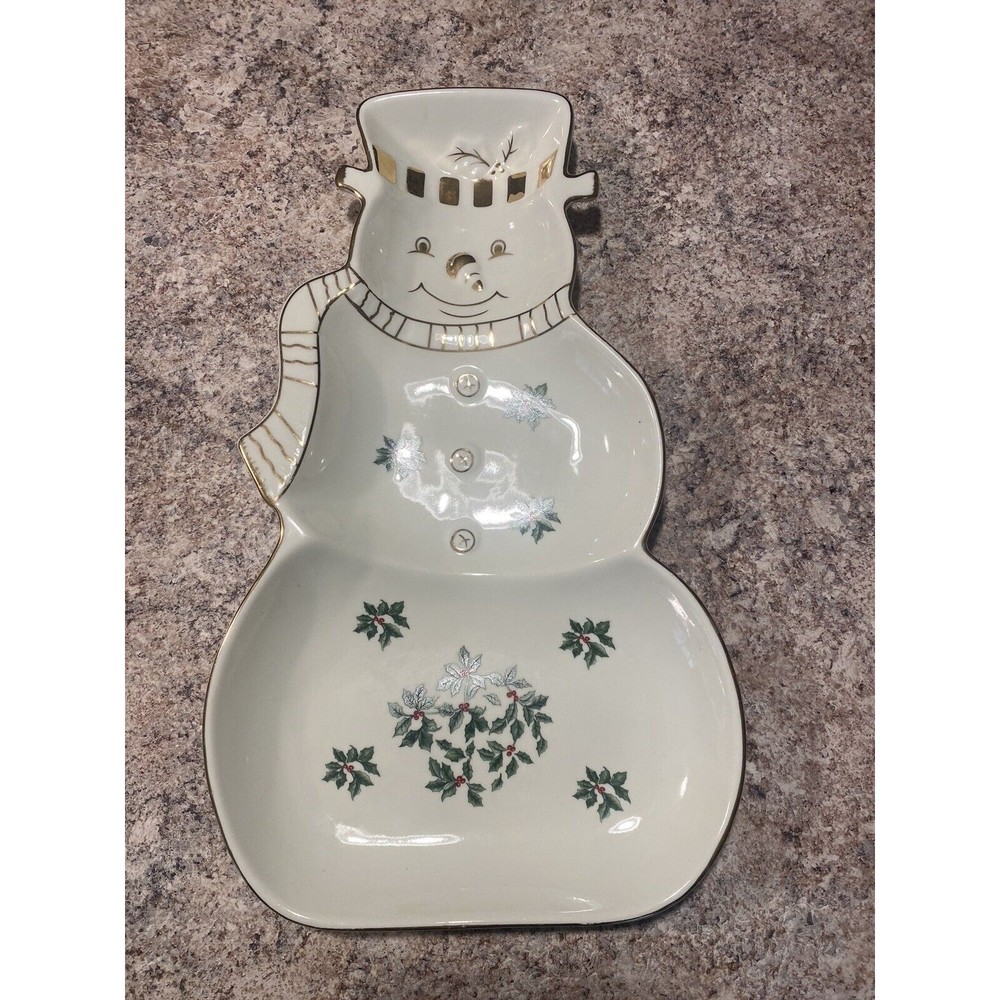 Madison & Max Porcelain Snowman 3 Section/Server Platter 15" Tall Gold Trim